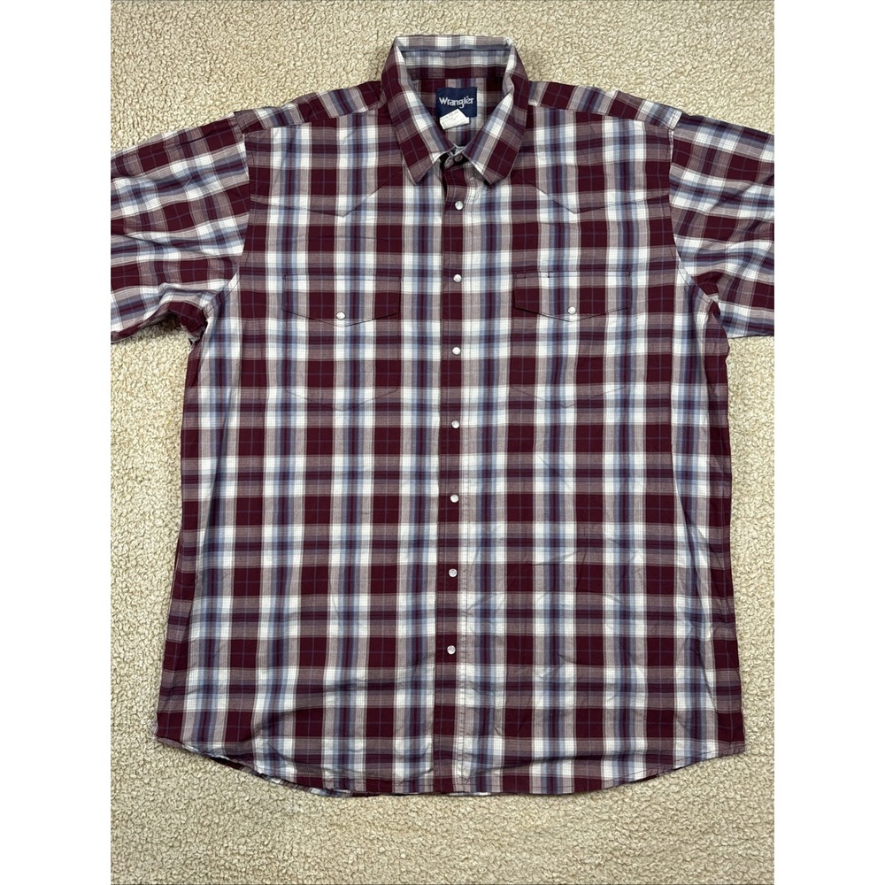 Wrangler Pearl Snap Shirt Mens 2XLT Tall LS Burgundy Plaid Western Cowboy Ranch